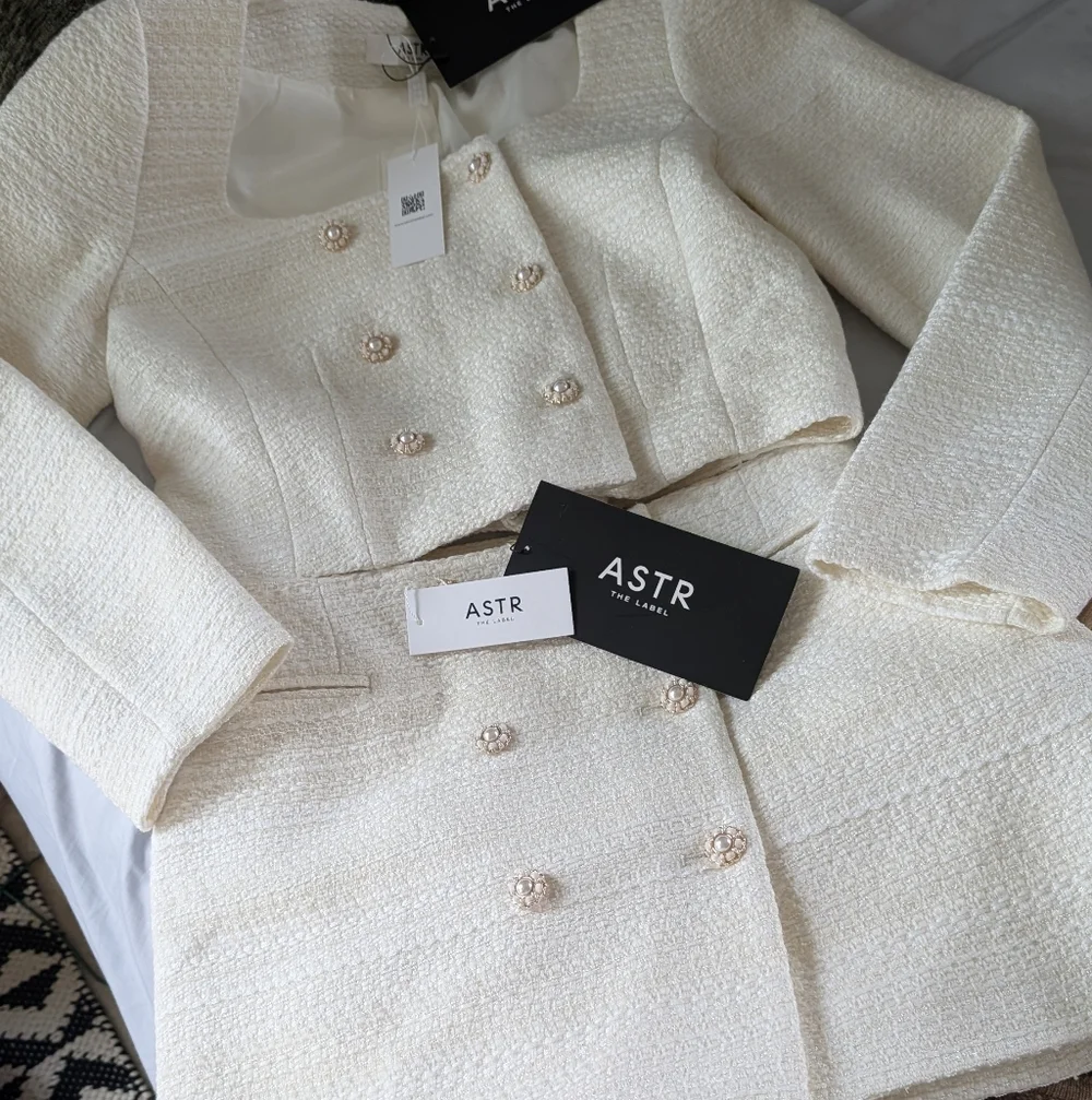 Astr Cream Tweed Double-Breasted Cropped Blazer & Mini Skirt Set - Picture 6 of 11